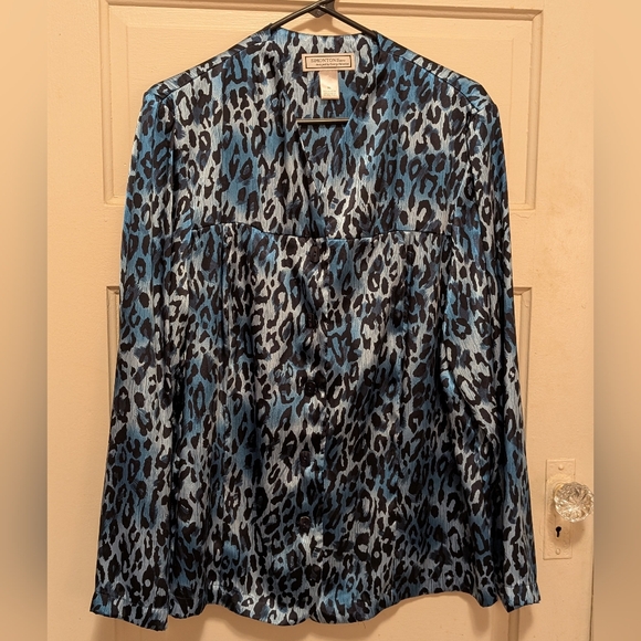 Blue Leopard Print Button-Up Blouse - Picture 1 of 2